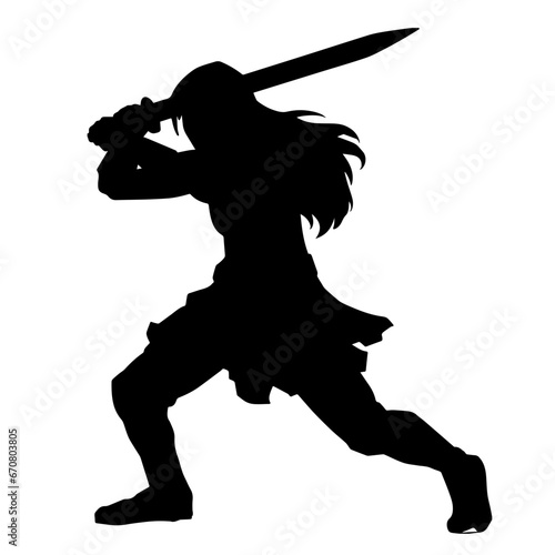 Silhouette of a female fighter in action pose carrying sword weapon.