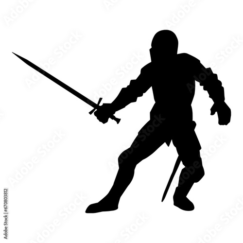Silhouette of a male warrior wearing war armor suit in action pose using a sword weapon.