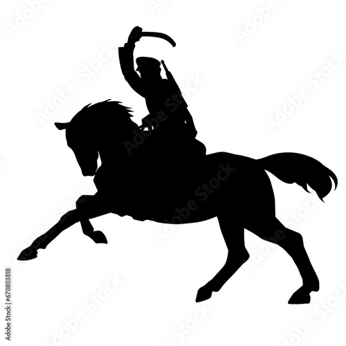 Silhouette of an ancient cavalry soldier aiming with archery weapon. Silhouette of an archer on his running horse.