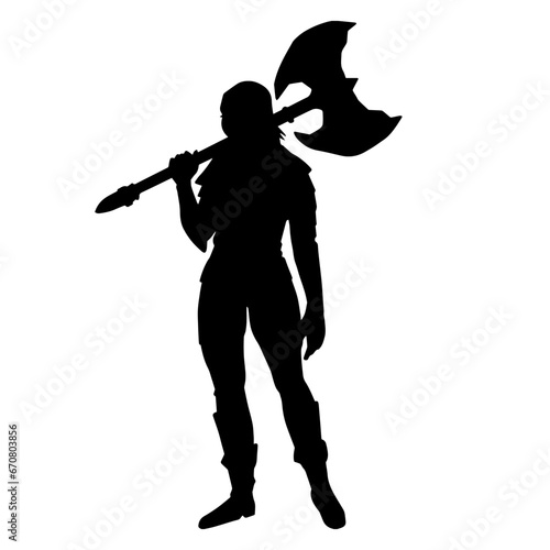 Silhouette of a sexy female warrior in battle armor carrying axe weapon