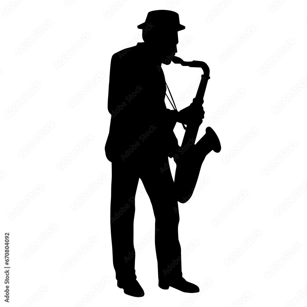 Naklejka premium Silhouette of a musician playing saxophone music instrument. 