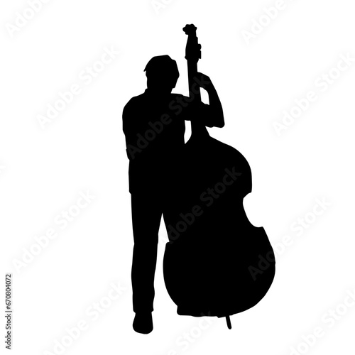 Silhouette of a classic musician playing contrabass or double bass string musical instrument.
