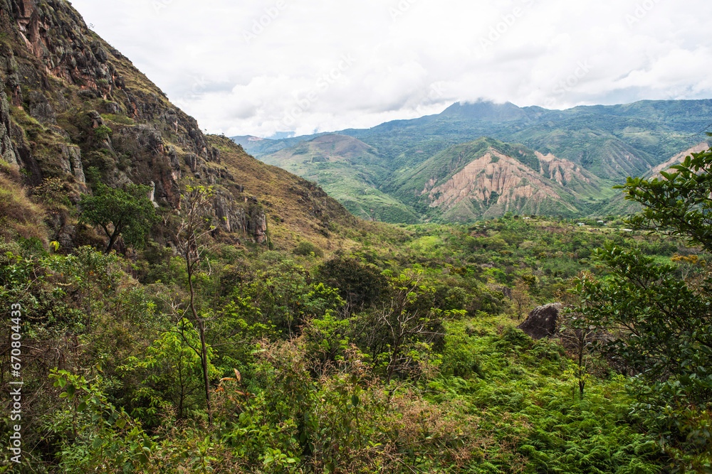 Valley with a tropical jungle with mountain in summer and sky Jaen Peru Valley with a tropical jungle with mountain in summer and sky Jaen Peru
