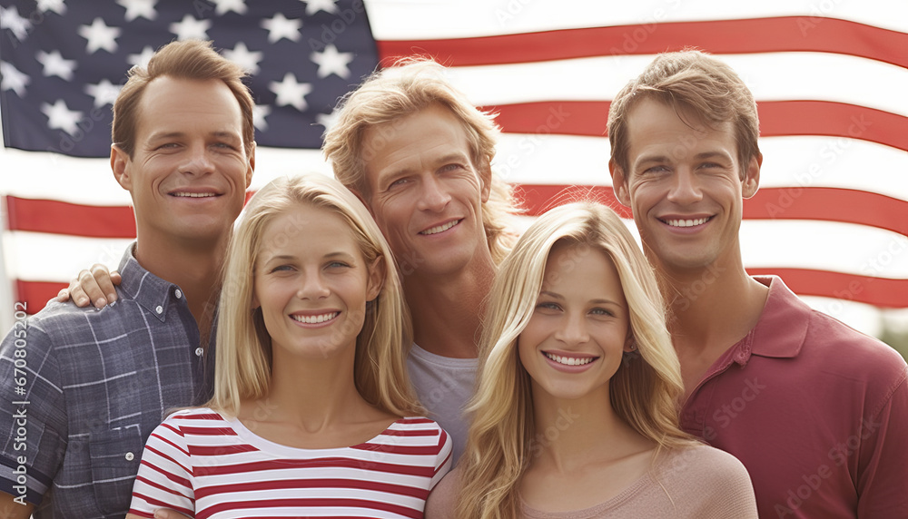 Obraz premium Joyful American family by flag.