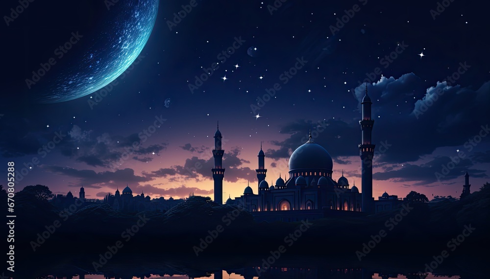 Silhouette Dome Mosque on a Dark Night, Embraced by Crescent Moon and Starry Skies