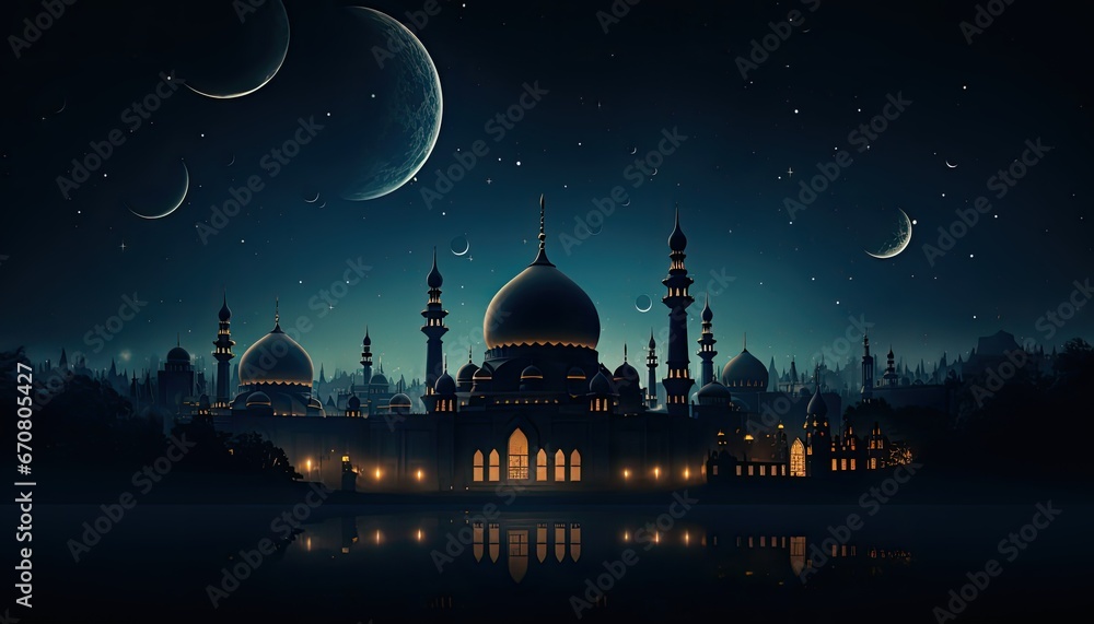 Silhouette Dome Mosque Glowing under a Dark Night, as Crescent Moon and Stars Illuminate the Sky