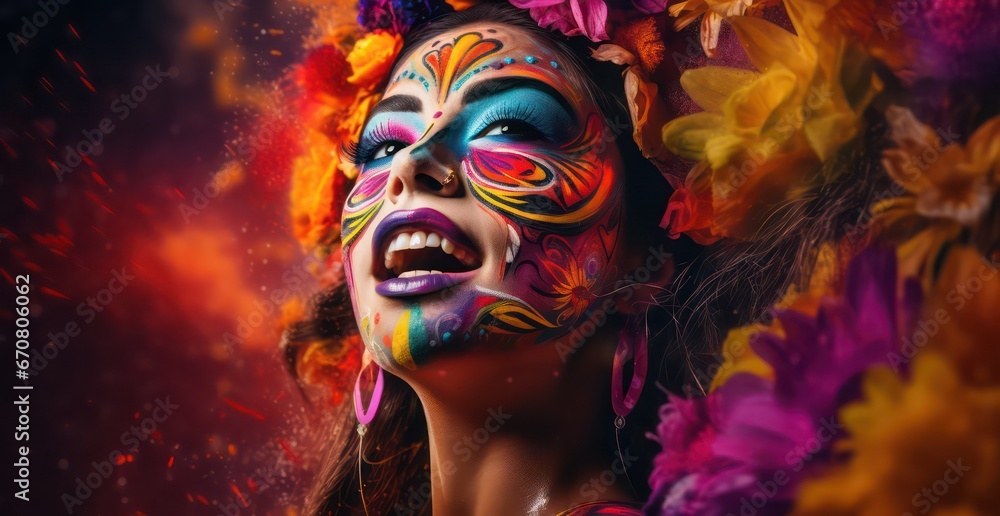 Beautiful young woman with feathers and flowers for adverticenent banner, posing, fashion illustration, mexican model