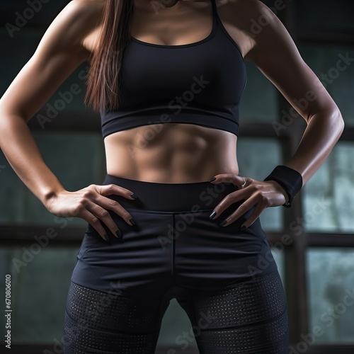 Cropped shot of sportive woman in black sportswear having workout at industrial gym. Healthy lifestyle, body goals concept