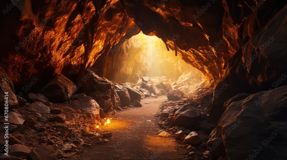 The cave comes alive with the warmth of glowing lights - obrazy, fototapety, plakaty 