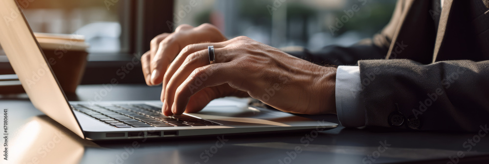 Fototapeta premium Close up of business man hand using digital tablet and working on laptop computer.