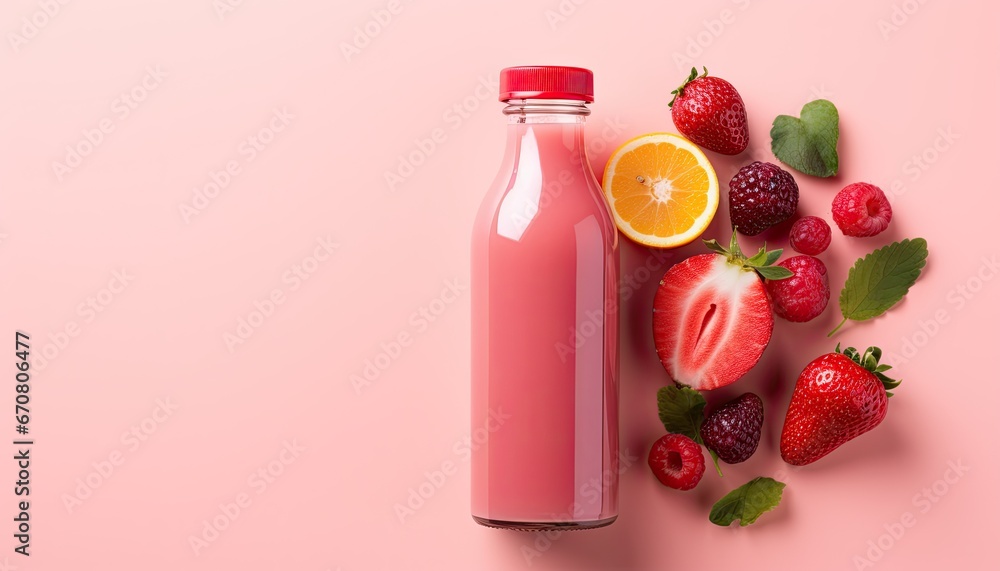 Illustration of Smoothie Bottle on Vibrant Pink Background, A Delicious and Vibrant Treat Illustration of Smoothie Bottle on Vibrant Pink Background, A Delicious and Vibrant Treat