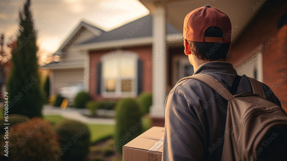 Delivery man stands at the door with your package Delivery man stands at the door with your package