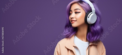 Asian woman in white dress listens music with headphones on blue background, smiling woman listening to music - positive and joyful