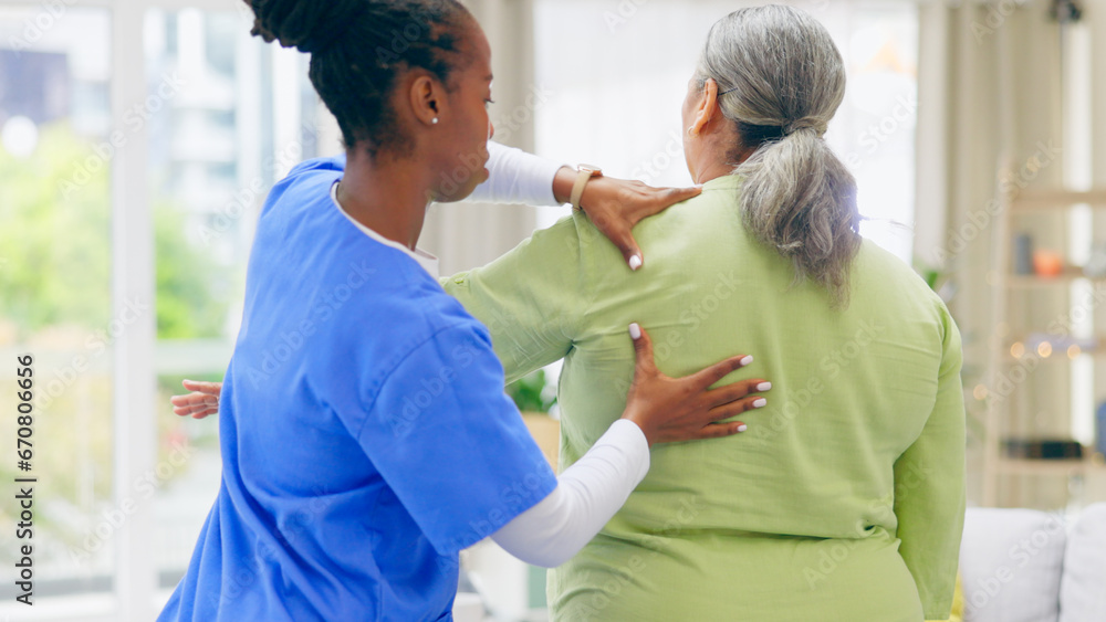 Fototapeta premium Senior woman, nurse and chiropractor for back, physical therapy and spinal injury in retirement. Elderly person, caregiver and rehabilitation or support, trust and healthcare for wellness or help