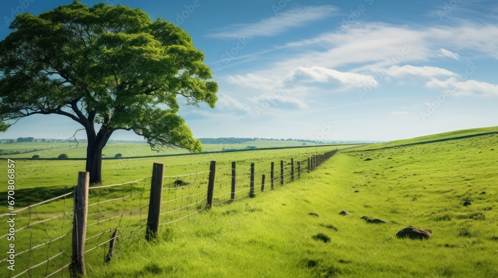 Protective fence encircles the vibrant green pasture