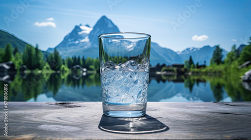 glass with clear water on a rock with mountains in the background. summer day