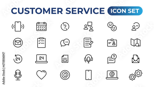 Customer service icon set. Containing customer satisfied, assistance, experience, feedback, operator and technical support icons.Thin outline icons pack.