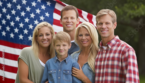 Joyful American family by flag.generative ai