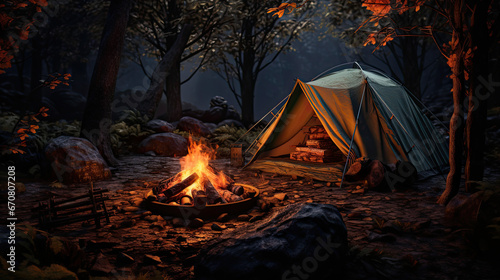 tent with campfire in the forest at sunset