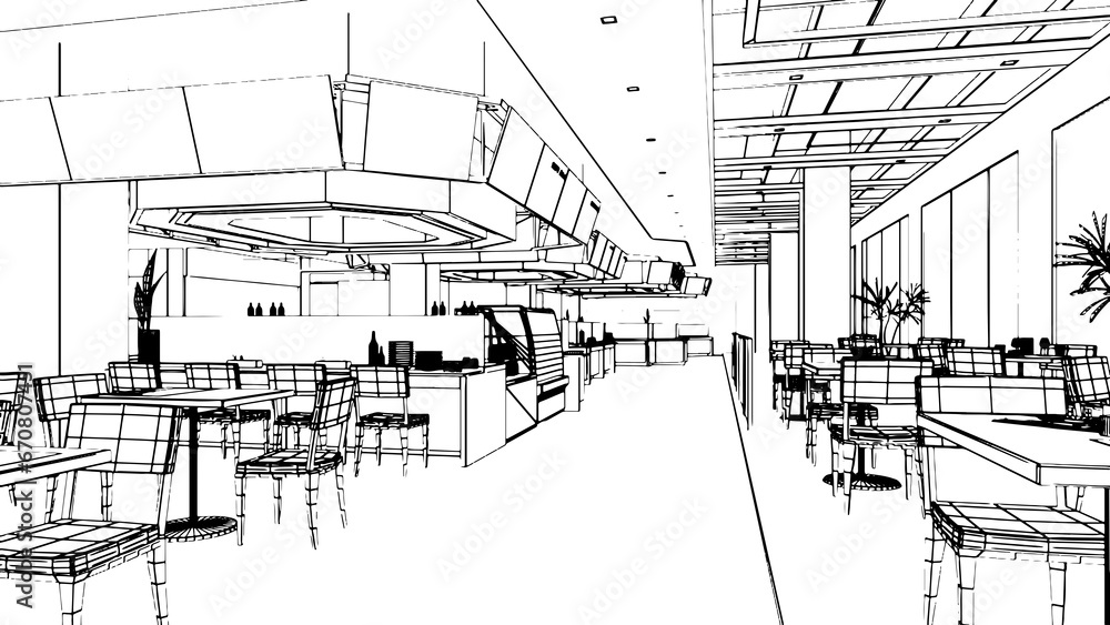 line drawing of the area of the department store hall, the food store section,3d rendering line drawing of the area of the department store hall, the food store section,3d rendering