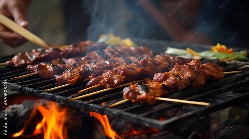 The process of burning savory beef satay with spicy seasoning on the burning coals. Lombok's famous traditional satay, Sate Rembiga, Lombok special culinary
