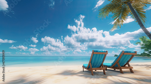 Fényképezés two lounge chairs on a sandy beach with blue sky