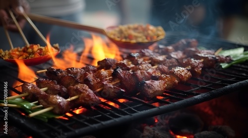 The process of burning savory beef satay with spicy seasoning on the burning coals. Lombok s famous traditional satay  Sate Rembiga  Lombok special culinary