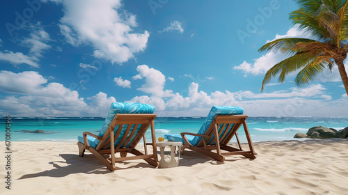 two lounge chairs on a sandy beach with blue sky