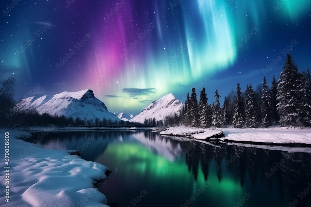 Beautiful polar night winter scenery with lake, mountains and aurora