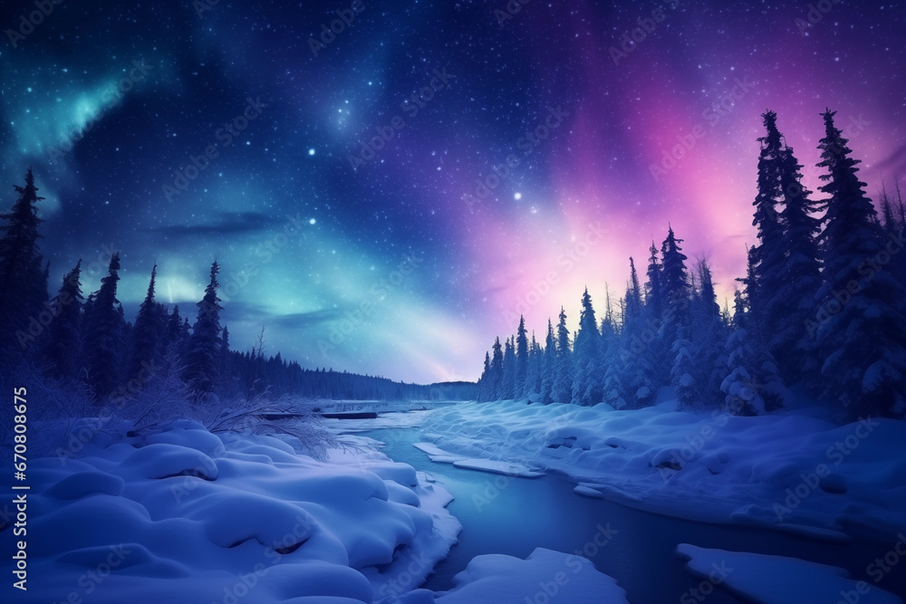 Beautiful polar night winter scenery with lake, mountains and aurora