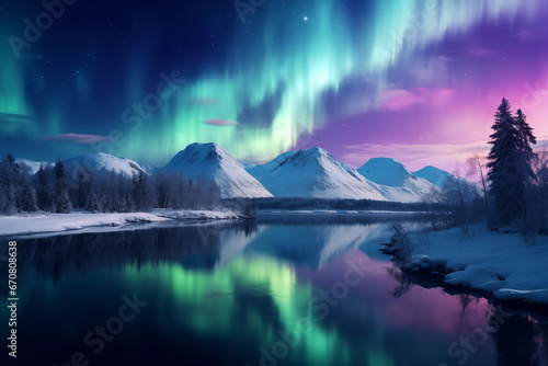 Beautiful polar night winter scenery with lake, mountains and aurora © 123dartist