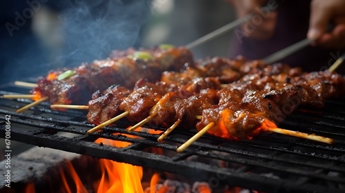 The process of burning savory beef satay with spicy seasoning on the burning coals. Lombok's famous traditional satay, Sate Rembiga, Lombok special culinary photo