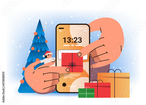girl in santa claus hat with smartphone receives notification about plane tickets discount flight notifications airplane travel christmas holidays