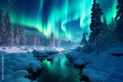 Beautiful polar night winter scenery with lake  mountains and aurora