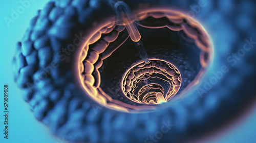 An endoscopic view of the colon with marked areas of interest for diagnosis. Endoscopy, generative ai