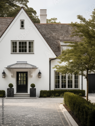 White modern house home beautiful farmhouse cottage transitional classic architecture view of exterior front lawn and paved driveway