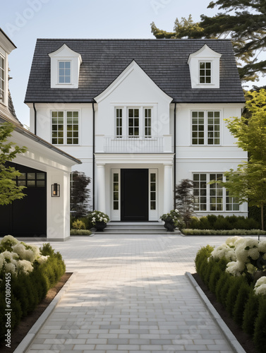 White modern house home beautiful farmhouse cottage transitional classic architecture view of exterior front lawn and paved driveway