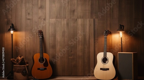 acoustic guitar, Brown acoustic panels set against a wooden board backdrop, sound absorption,