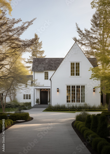 White modern house home beautiful farmhouse cottage transitional classic architecture view of exterior front lawn and paved driveway