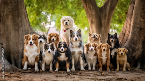 A number of well-dressed dogs stand under a large tree and look at the camera.generative ai © Suralai