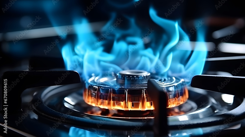 Close up shot of blue fire from domestic kitchen stove top. Gas cooker with burning flames of propane gas. Gas supply chain and news. Global gas crisis and price rise. - obrazy, fototapety, plakaty 