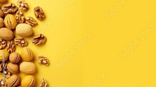 Captivating Top View of Walnut Nuts Adorns the Background with Natural Delicacy