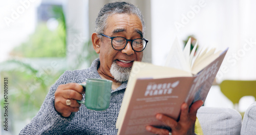 Elderly man, book and coffee on sofa with smile, reading or relax in retirement in home living room. Senior african person, literature and happy with tea for knowledge, thinking and drink on couch