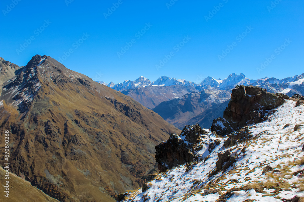 Black granite rocks landscape around Mount Elbrus acclimatization trail