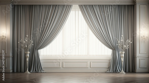 empty room with curtains in the windows. light silver and light gray. 