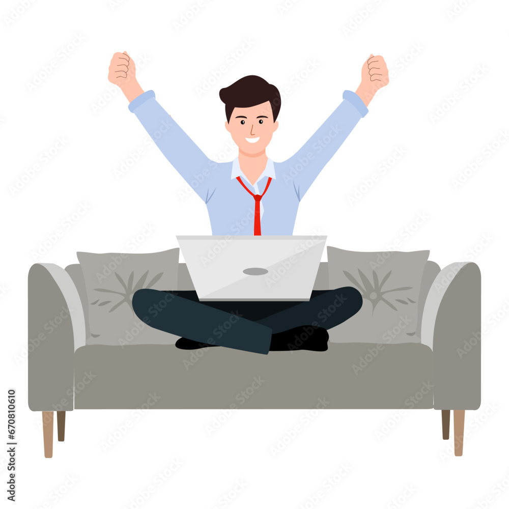 Happy man completed task and triumphing with raised hands on the his workplace. Successful well done work. Completed task. modern vector illustration.