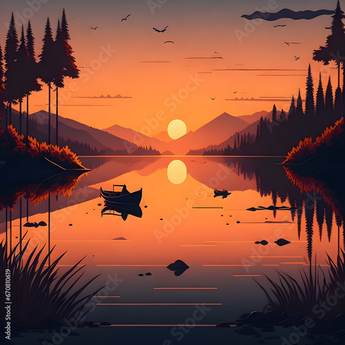 a painting of a sunset over a peaceful lake 