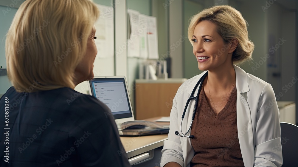 Fototapeta premium Female Patient And Doctor Have Consultation In Hospital Room