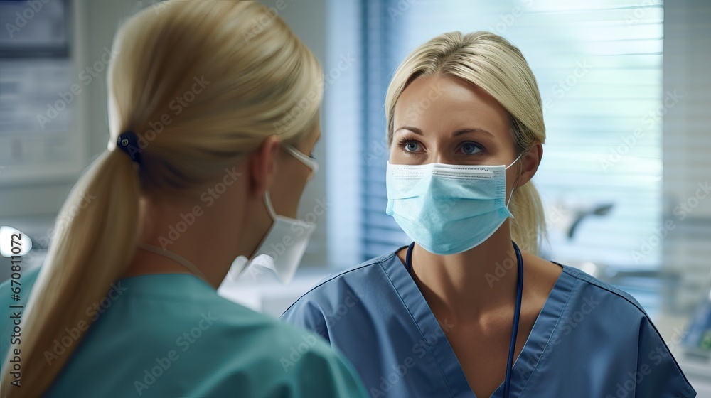 A female doctor meeting a patient in her office for a medical consultation, they are wearing surgical masks A female doctor meeting a patient in her office for a medical consultation, they are wearing surgical masks