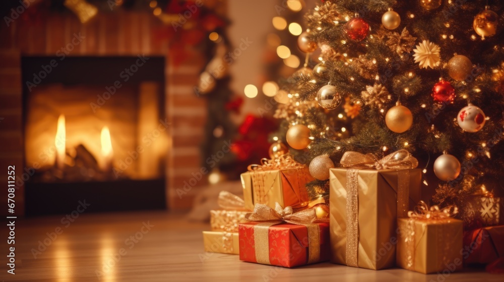 Beautiful elegant christmas tree with golden balls and gifts background.